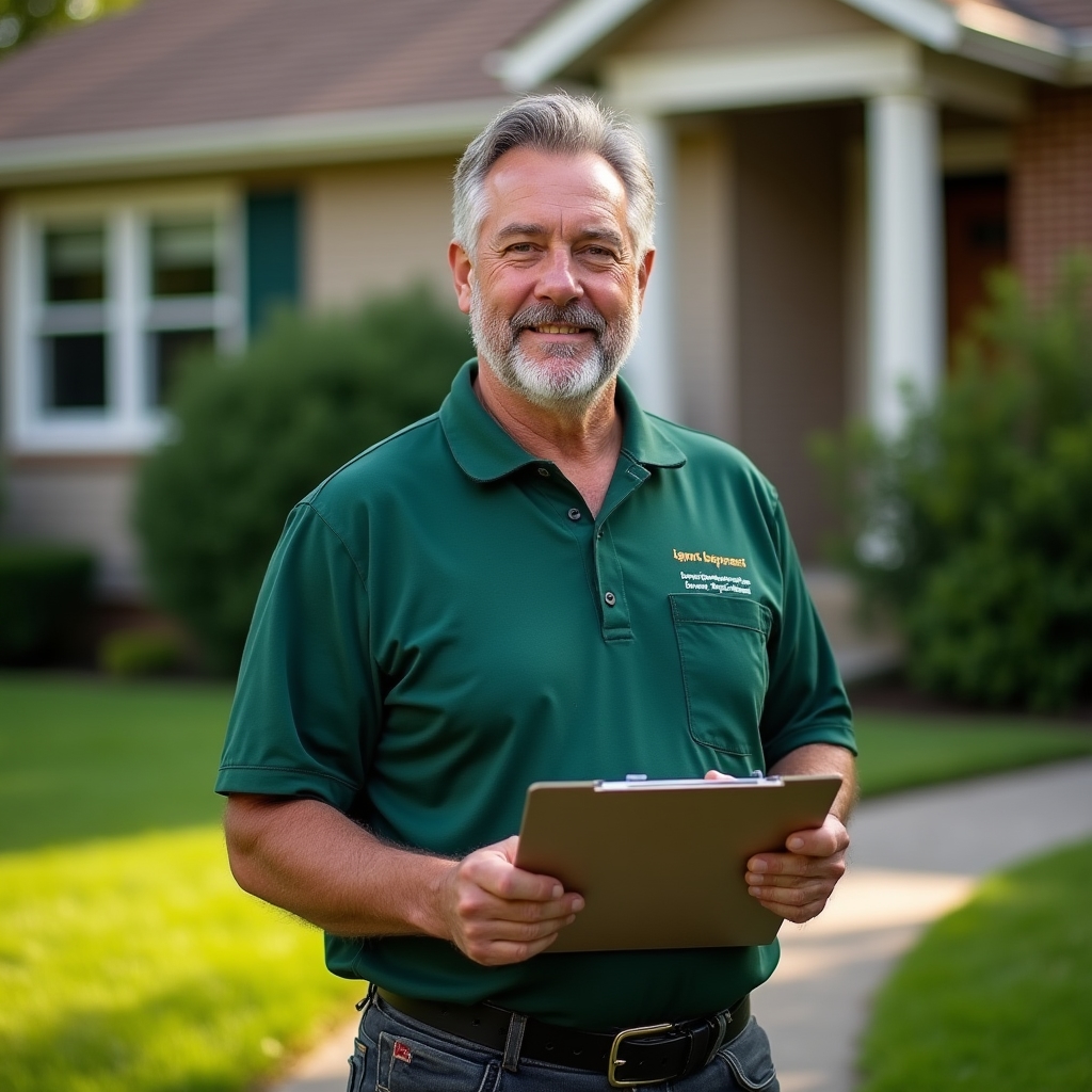 Lawn care professional reviewing property before service