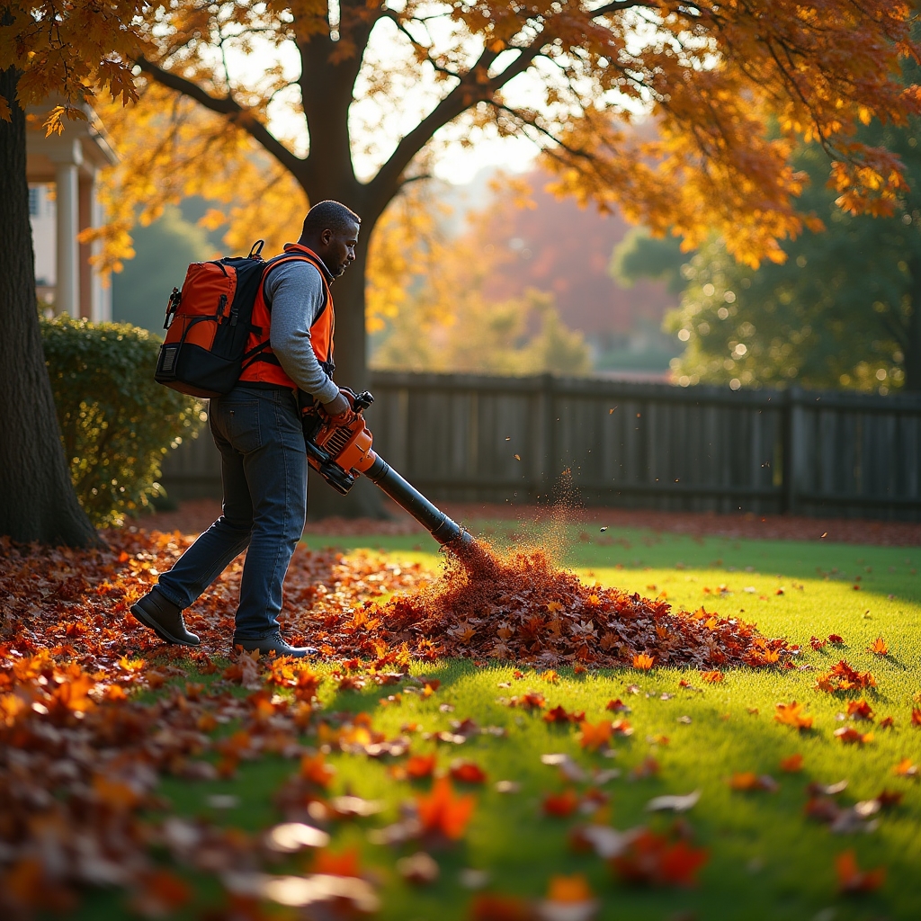 Leaf removal service in progress on residential lawn during fall
