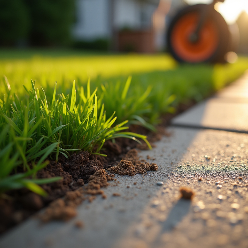 Sharp lawn edging along a concrete walkway